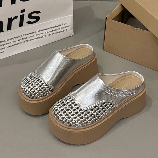 

elegant hollow out womens footwear lightweight woven flip flops with comfortable soles for warm weather, Gold