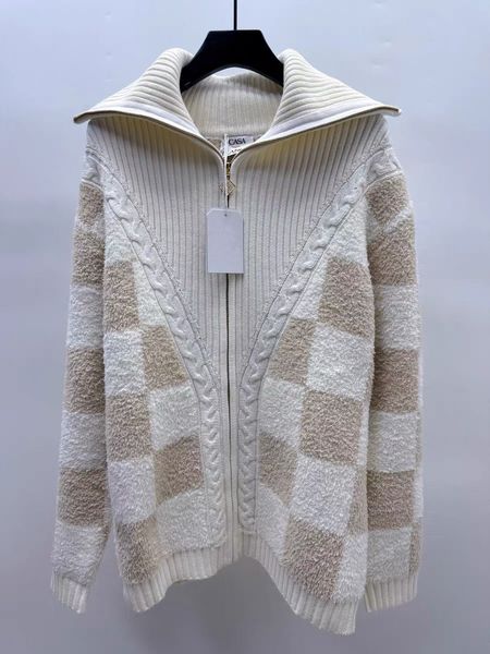 

25ss Casabalnc top quality men's new trend plaid color blocking square knit zipper cardigan coat designer fashion casual versatile long sleeve loose wool knit jacket, Lightyellow