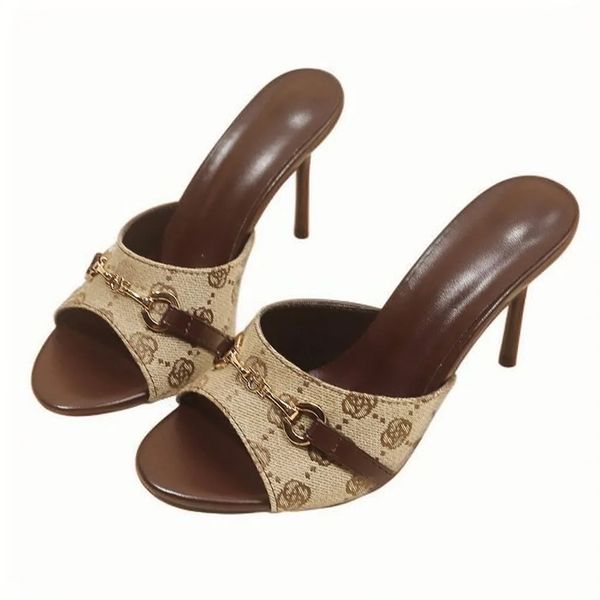 

Designer sandals Heeled sandals, leopard print shoes Open-toe fishmouth slanted heel casual and versatile resort sandals stylish and luxurious, #dark brown