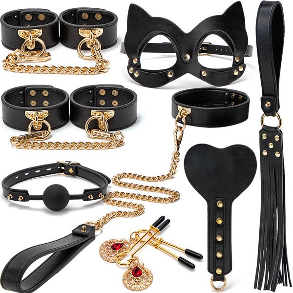 High end SM prop set of 8 pieces, genuine leather traction collar, binding and restraint handcuffs, fun leather patties, adult products