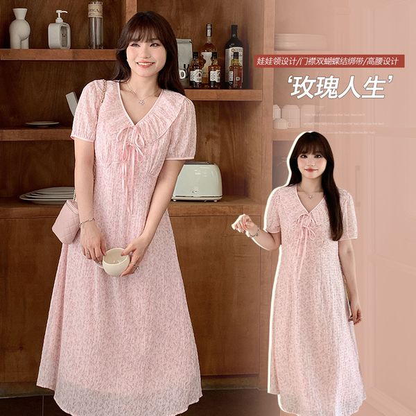 

B442 Summer plus size fat mm gentle temperament design floral V-neck ruffled lace-up dress, Black