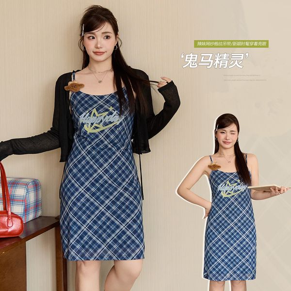 

B440 hot girl contrast color print bear plaid suspender skirt female fat mm large size slim fit dress, Black