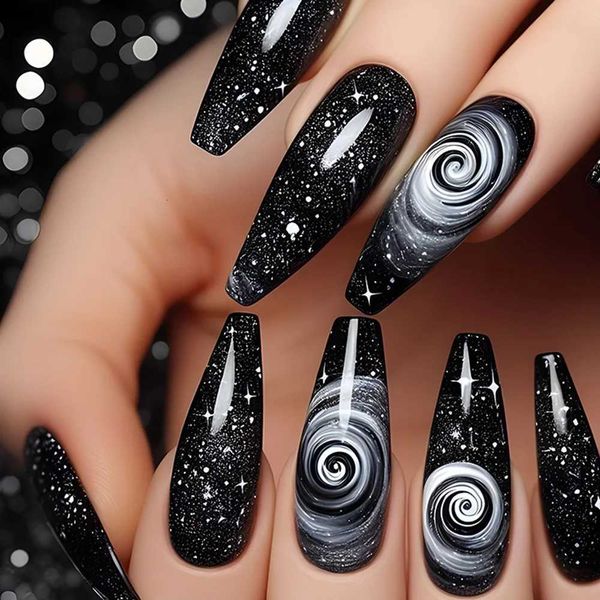 24pcs Long Ballet Fake Nails Handmade Black False Nails with Swirling Stars Design Nail Art Unique Cool Full Cover Press on Nails W250722