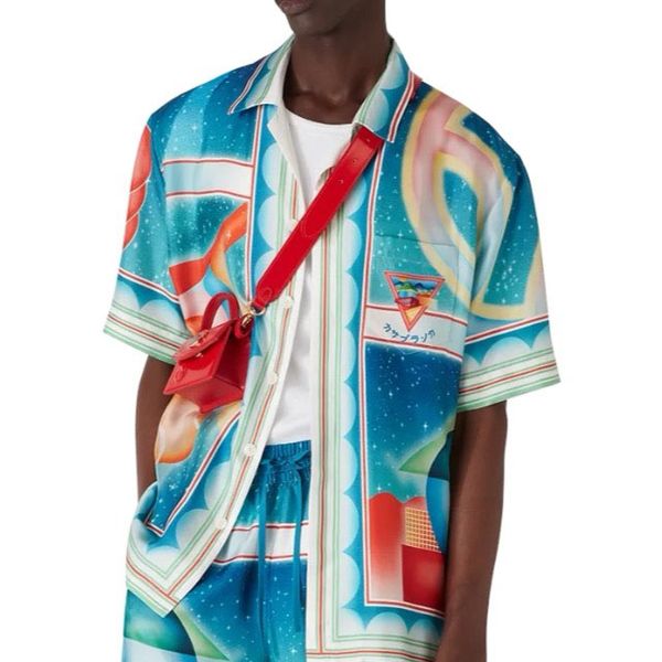 

25ss Casabalnc New Trendy Summer Short Sleeve Silk Shirt Men and Women Casual Print Vacation Style Hawaiian Beach Lapel Button Loose Silk Cardigan Shirt t-shirt Tops, Lightcyan