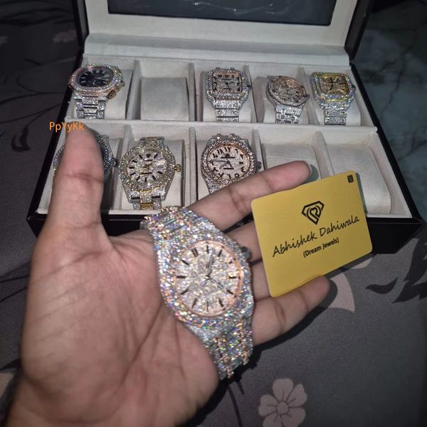 Bling Bling Iced out Men's Watch VVS Moissanite Rectangular Steel Case Leather Strap Hip Hop Series ETA Movement GRA Certified
