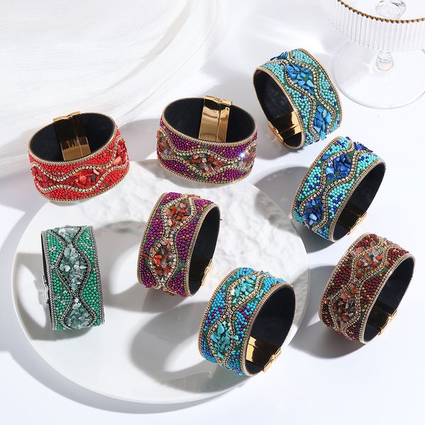 

Granite pearl leather bracelet with gemstone pendant and magnetic snap fastener for women's jewelry.