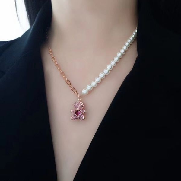 

Simple Bear Pendant Necklace Beaded Chain Gold Plated Stainless Steel Designer Model Never Fade Necklace Women Wedding Jewelry Gift Pearl Necklace Bracelet