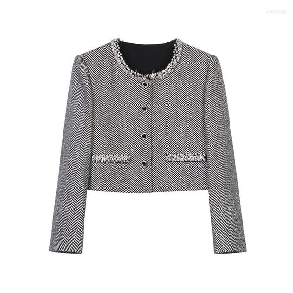 

Women' Jackets Product Light Luxury Celebrity Brilliant Star Heavy Industry Diamond Herringbone Round Neck Single Breakfast Jacket, Silver