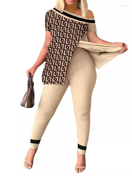 

Women' Tracksuits 2025 Printed Two-piece Set Slit Irregular Sloped Collar Top T-shirt Trousers Fashion Female Outfit, Pink