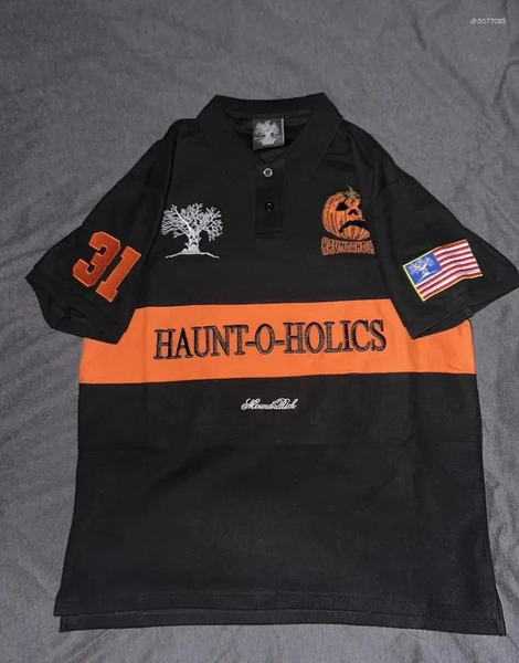 

Men's Polos Y2k Haunted Mound Short Sleeve Shirts Collar Retro T-shirt Gothic Pattern Embroider Men Women 2000s Street Clothing, Pure cotton 2