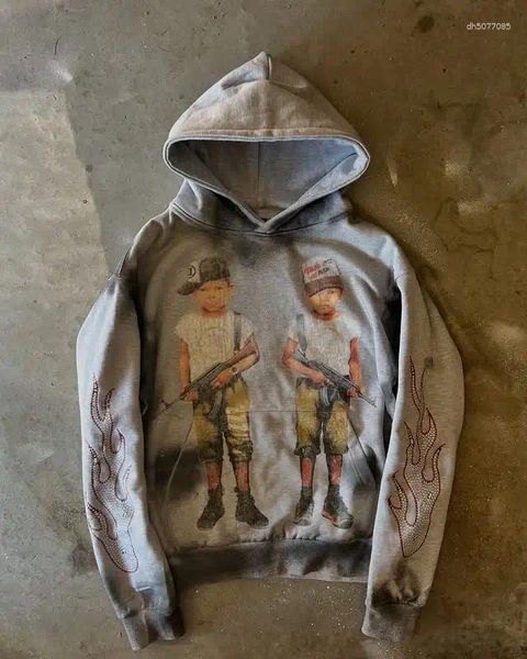 

Men's Hoodies Vintage Streetwear Hoodie Bold Graphic Print MilitaryInspired Outfits Flame Detail On Sleeves Cool Urban Style For Casual Wear, Beige