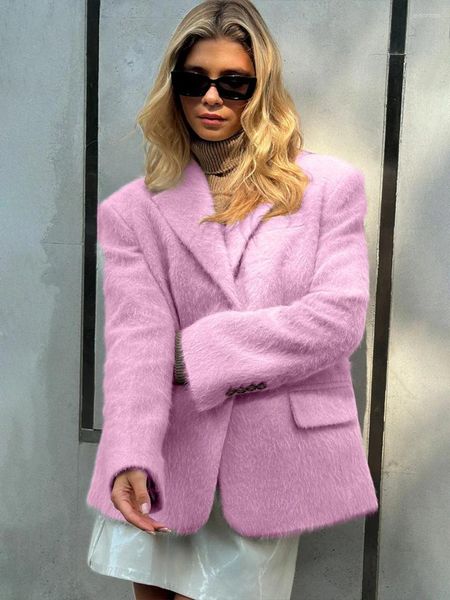

Women's Jackets Winter Collar Plush Jacket Elegant Loose Chic Coat Thicken Fashion Office Ladies Warm Button Outerwear, Pink