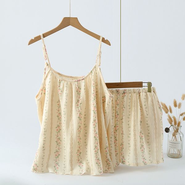 B986-Cotton yarn printed multi-color ladies summer suspenders short-sleeved shorts suit home clothes pajamas