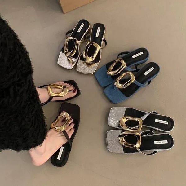 

Designer sandals luxury gold buckle slippers women's summer elegant square toe sandals luxury sandals ladies dinner party shoes, Silver