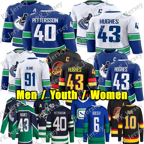 #43 Quinn Hughes hockey jersey Canuck jersey #40 Elias Pettersson Evander Kane Brock Boeser Trevor Linden Jake DeBrusk Thatcher Demko Conor Garland Pavel Bure jerseys
