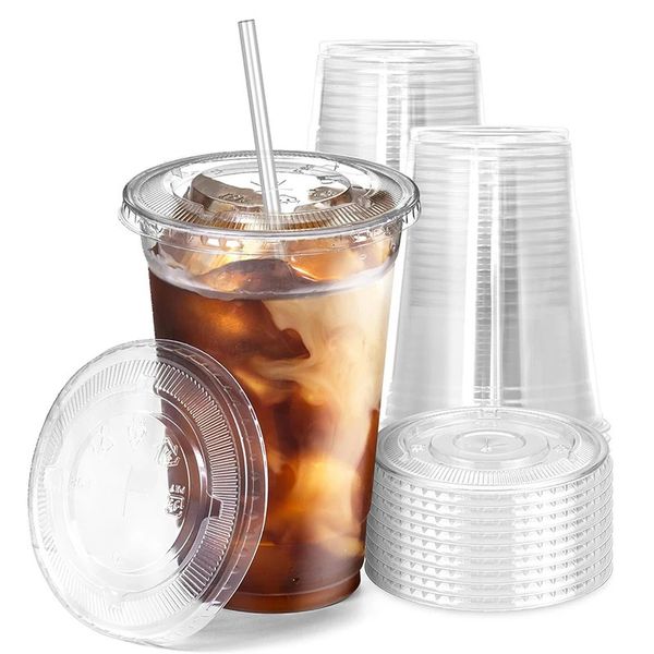 50pcs/Set 12/16OZ Plastic Cups With Lids Disposable Cups For Iced Coffee Smoothie Milkshake Cold Drinks Birthday Party Supplies 250725