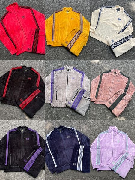 

10A Designer Tracksuits Needles tracksuits Butterfly Velvet Cardigan Retro Ribbed Zipper Jacket Pants Sport Set, N8