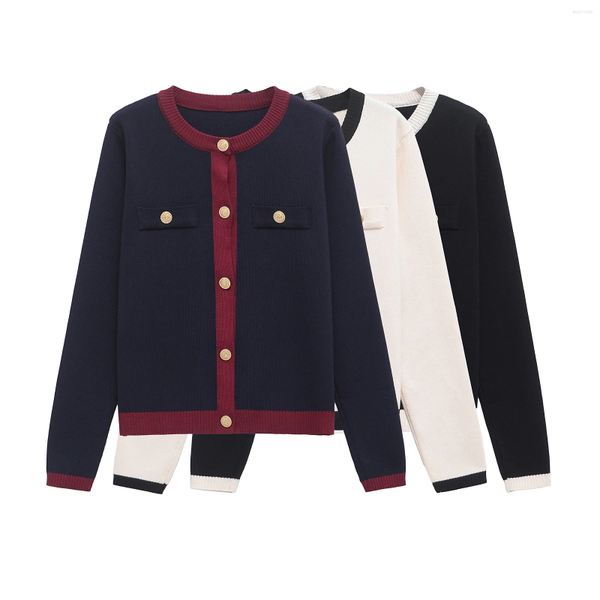 

Women' Knits TRAFSHE Autumn Wear Gold Breasted Long Sleeve Black And White Round Neck Knitted Cardigan Sweater Coat 1822/106, Red