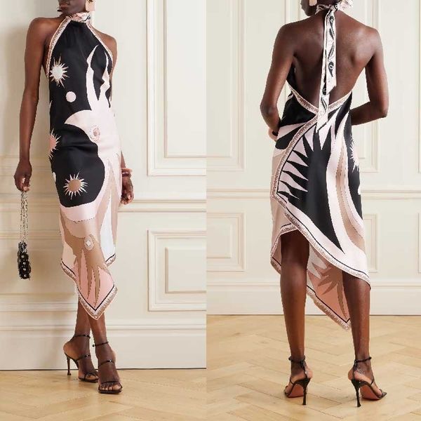 (441) New Summer European and American Sexy Halter Neck Backless Printed Satin Holiday Beach Dress