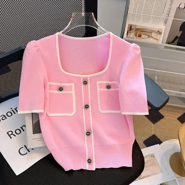 

Women's Sweaters Summer Sweater Knit T-shirt Casual Short Sleeve Woman Clothes Versatile Square Collar Lady Pullover Knitwear Tops Jumper, Pink