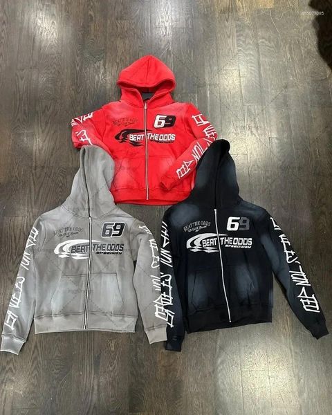 

Men' Hoodies Harajuku Colorful Zipper Hoodie Punk Retro Letter Print Casual Oversized Sweatshirt Couple Hip-hop Trendy Streetwear Jacket, A1
