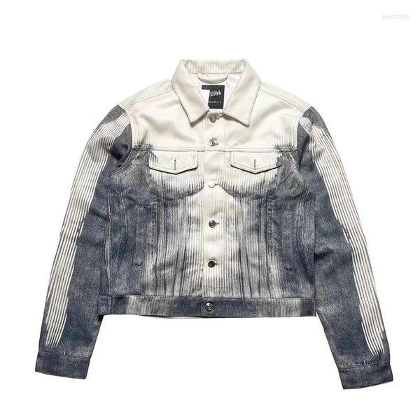 

Men' Jackets Striped Gradient Abs Digital Print Short Denim Jacket 2025 Tide Trendy Spring Autumn Loose Causal Lapel Y2k Coat, Blue