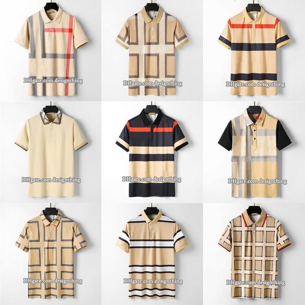 

Mens T Shirt Designer Cotton Fabric Classic Plaid Stripe with Floral Detail Asian Size Premium Soft Fit Elegant Look Luxury Fashion High-end menswear Lapel T-shirt B24, Beige