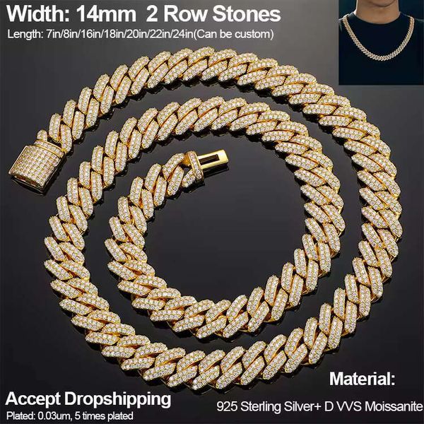 Luxury New 14mm Width Sterling Sier 6A VVS Baguette Moissanite Necklace Dia Iced Out Bussdown Cuban Link Chain Necklaces Christmas