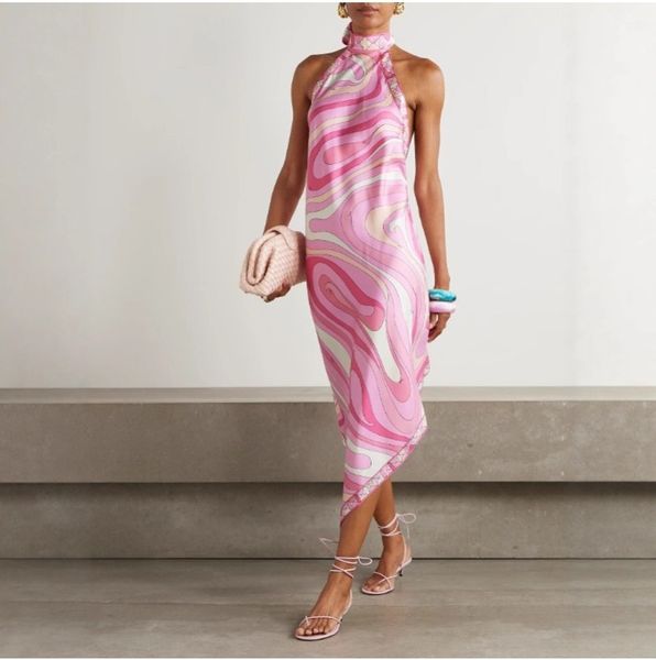 (459) New Summer European and American Sexy Halter Neck Backless Printed Satin Holiday Beach Dress
