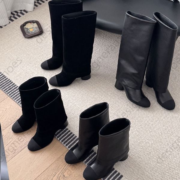 Designer boots Winter Vintage knight Round Toe Knee Ankle boot Sheepskin Soft leather Suede womens luxury 7cm heel 35-41