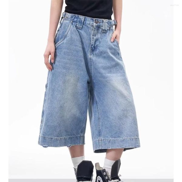 

Men' Jeans DM Washing Worn-out Ribbon Design Solid Color Casual Straight Wide Leg Loose Male Summe, Blue