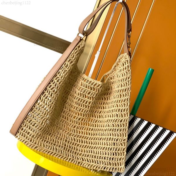 

99A This straw woven crossbody shoulder bag, designed by a top designer, has a unique style. It is made of Rafi grass leather and is a 46CM large capacity handbag., One