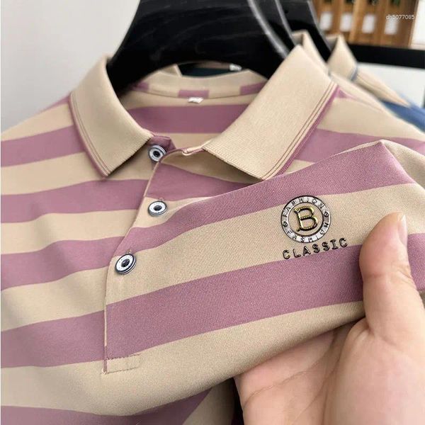 

Men's Polos Brand Design Polo Shirt Lapel T-Shirt Summer Letter Print Stripe Short Sleeve Trendy Handsome Business Menswear Top, Green