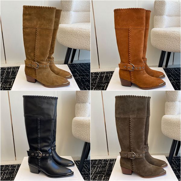 Suede chamois knee high boots desinger womens chunky heels chelsea autumn winter thigh woman heel knight metal toe capcombat
