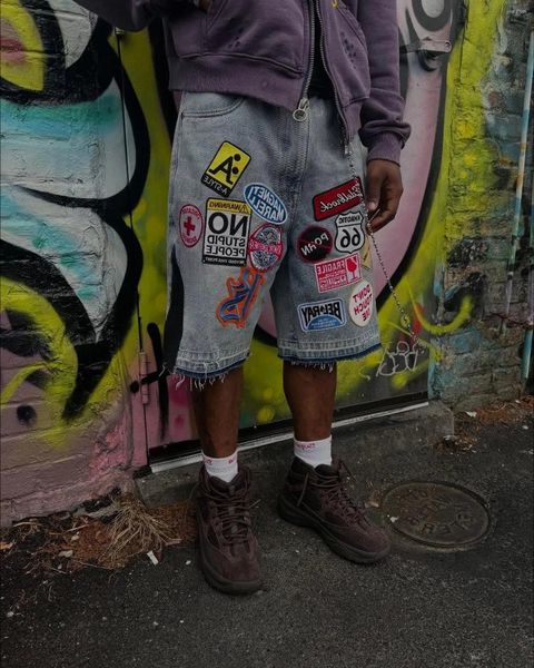 

Men's Jeans Hip Hop Cartoon Patchwork Graphics Denim Short Y2K Men Women Streetwear Retro 2000s Blue Loose Fitness Casual Shorts, A3