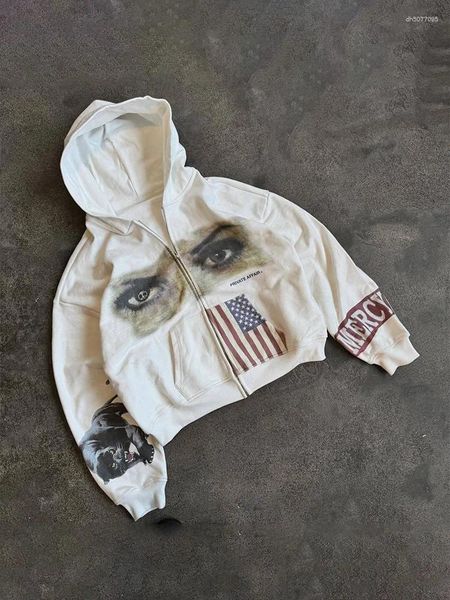 

Men' Hoodies American Retro Eye Print Zipper Hoodie Casual Fashion Sweatshirt Women Hip Hop Harajuku Gothic Trend Loose Streetwear, White