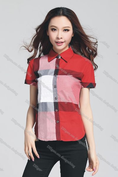 

Womens Plaid Striped Short Sleeve Shirt Designer Blouses Button Up Tops Elegant Casual Office Shirts for Ladies Asian Size Fashion Petite Fit, 3012-red