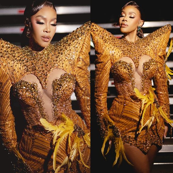 Gold Sheath Cocktail Dress Beaded Crystals Feather Sequined Stylish Short Mini Graduation Homecoming Dresses For Special Occasions Sweetheart Gowns