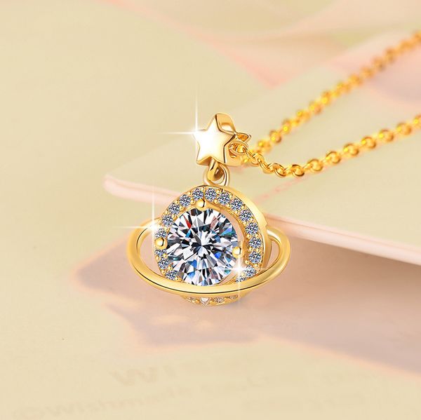 

18K Gold Plated Moissanite Necklace | S925 Silver Tarnish-Resistant | Celestial Planet & Flapper Skirt Design | 1CT Diamond Alternative with Laser Inscription