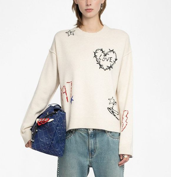 

25ss High-Quality Autumn Z Winter V Trendy New Style Women's Cashmere Sweater with Handmade Embroidery of Love Letters Designer Knitted Loose Pullover Sweaters Top tn, Sandybrown
