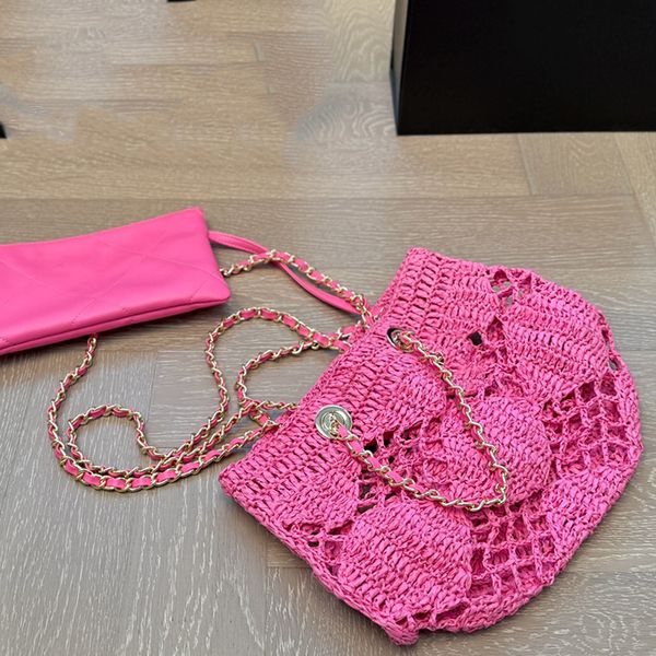 

Designer Womens Straw Wovens Beach Bag Shopping Bag Woven Bag Gold Hardware Metal Small Pendant Vintage Matelasse Chain Hand Crossbody Bags Makeup Bags Purse 39/25cm, Khaki 25x23cm