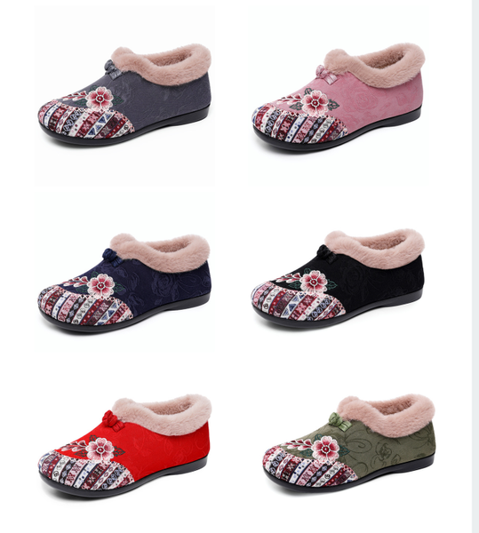 

Women's Cotton Boots with Fleece Lining - Thickened, Plus Size, Chinese Ethnic Style Snow Boots, Warm & Comfortable Ankle Boots, Non-Slip for Dance Wear