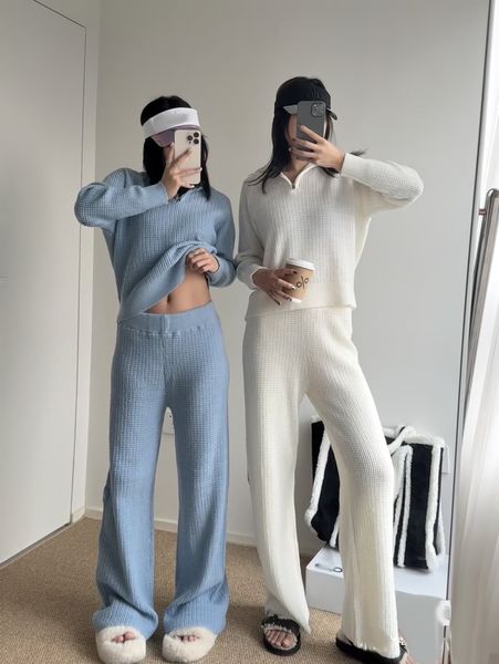 

womens tracksuits al suit Print casual Set Sportswear Printed waffle knit sweater set, White