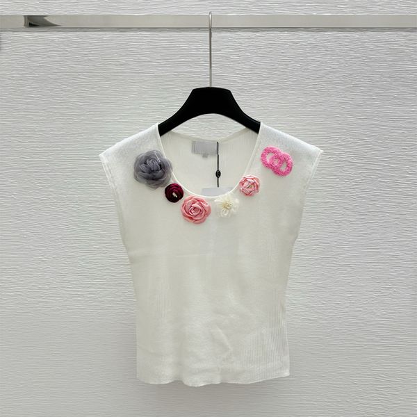 

Designer Women Knits Elegant flowers Tees Tank Top Round neck pearl knitted vest Neck Short Sleeve Sweater Knit Fashion Women Tops, Ivory