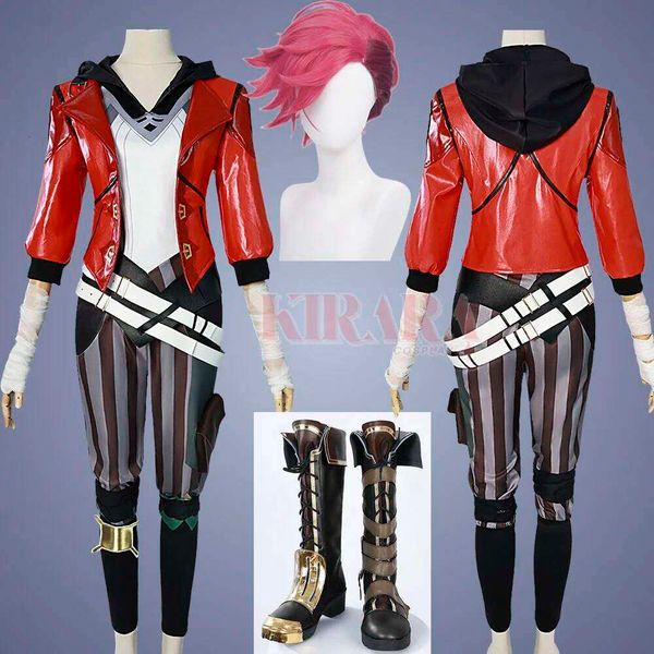 Acrane Cosplay Costume Game Arcane Red Wig Leather Jacket Halloween Carnival Outfits Vi Shoes Boots