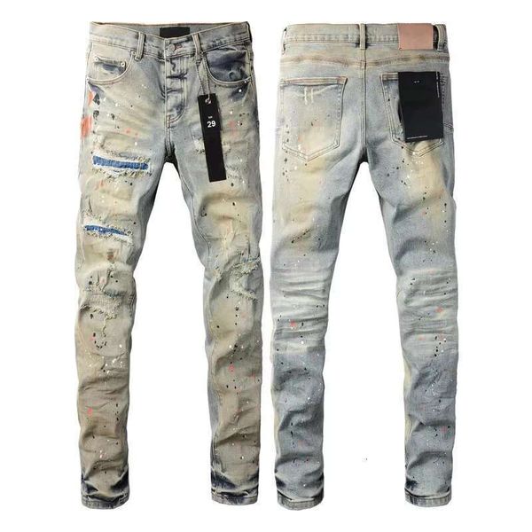 

Purples Men's Jeans American Street Unisex Couples Trendy Straight Leg Trousers Retro Style Ripped Patch Skinny Denim Pants, Brown