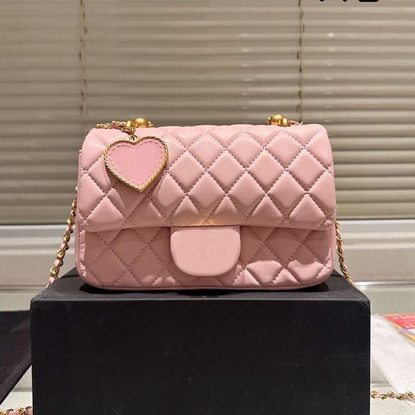 

Women Designer Lovely Shoulder Bag with Love Heart Pendant Decoration Chain Handle Tote Gold Metal Hardware Lambskin Diamond Lattice Cross Body Coin Purse 17/20cm, Yellow 17cm