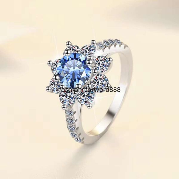 

Exquisite jewelry wedding engagement flower shaped blue diamond VVS1 moissanite S pure silver women's ring
