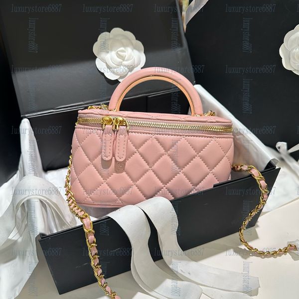 

16cm With mirror Women designer makeup bag High Quality Sheepskin Diamond Lattice Handle Vanity Box Tote Bags Crossbody Shoulder Cosmetic Case Luxury handbag M0236, White