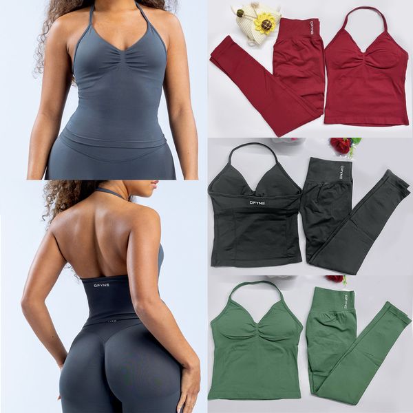 

Dfyn Women two pieces Impact yoga Workout Sets Longline Strappy Top Gym pant sports leggings Set clothing Backless Tank Tops Scrunch Seamless Gym Suit Clothes, Pistachio